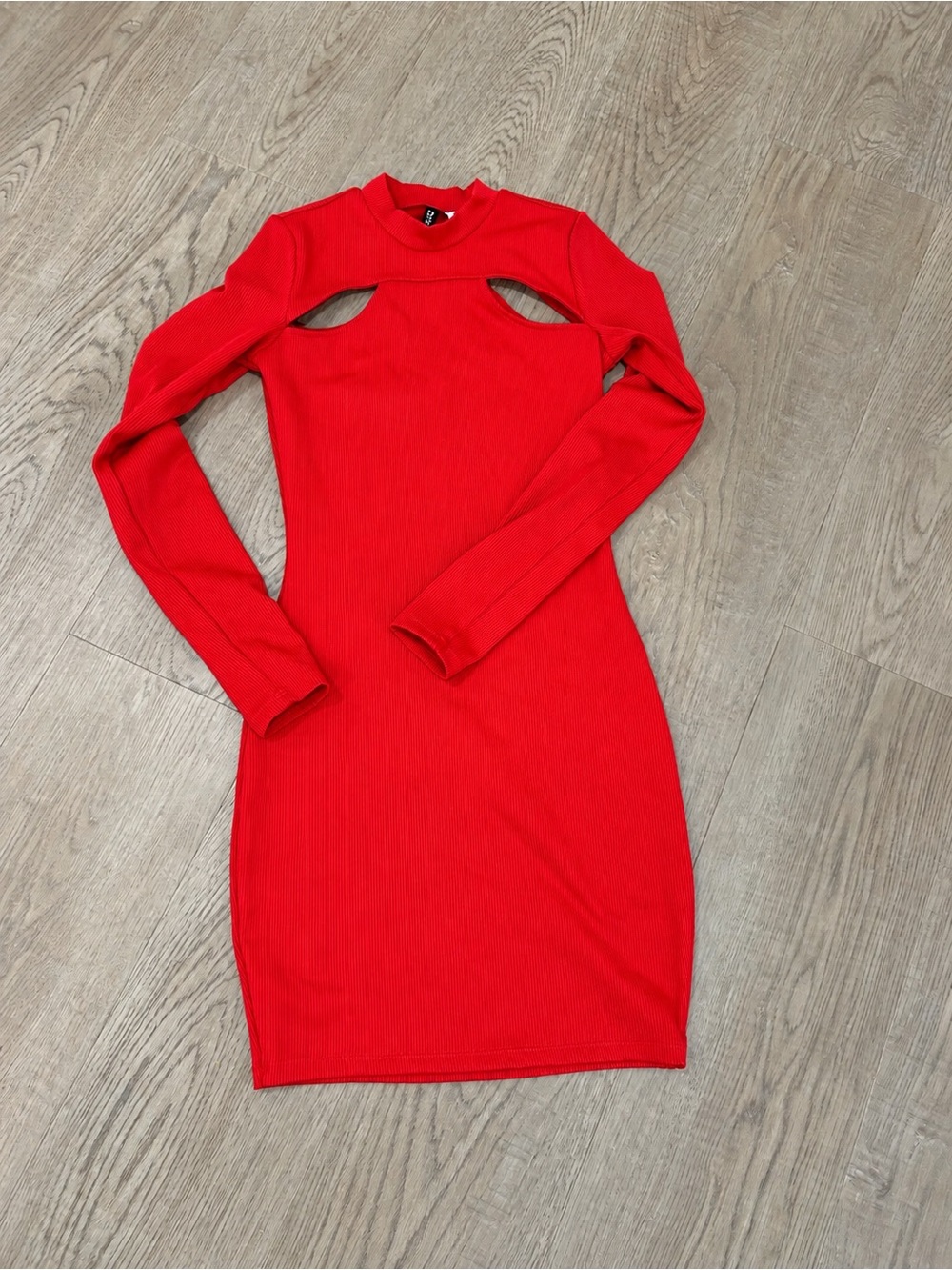 H&M Divided Red Ribbed Bodycon Mini Dress Cutout Long Sleeve XS